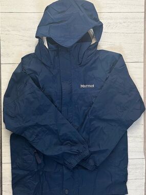 Marmot Boys Navy Blue Hooded Rain Jacket Lightweight Waterproof Size S